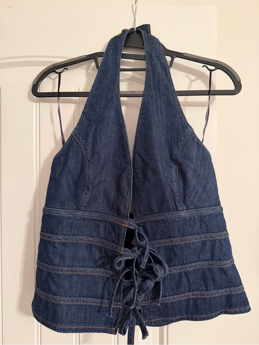Reformation Dark Blue Denim Halter Lace-Up Camisole